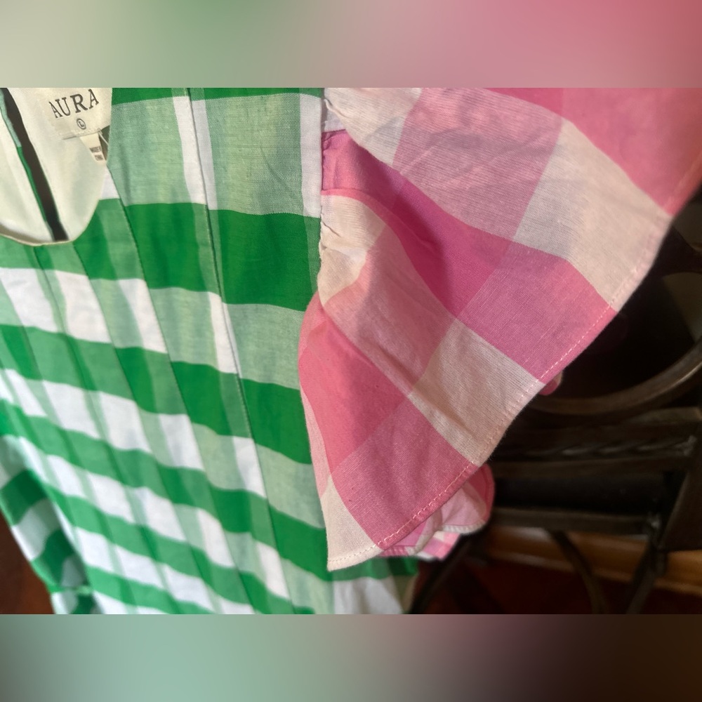 💚 Aura Green/White Checkered Dress. Pink Accents & Pockets. Women’s Large. NWOT. - Picture 3 of 14